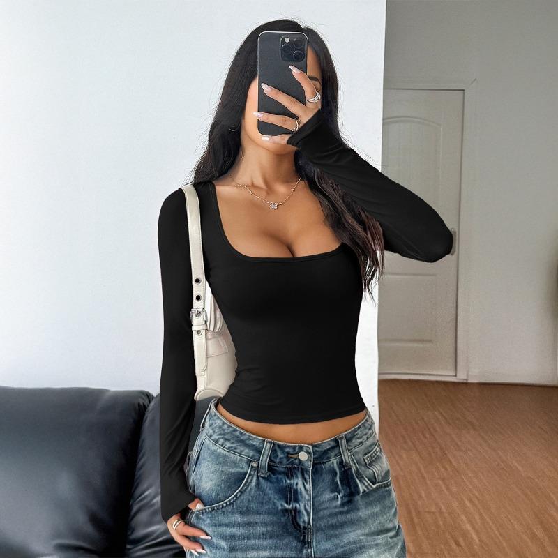 IHUASU Women's Fashion Casual Solid Color Print Long Sleeve U-Neck Blouses & Shirts Unique design