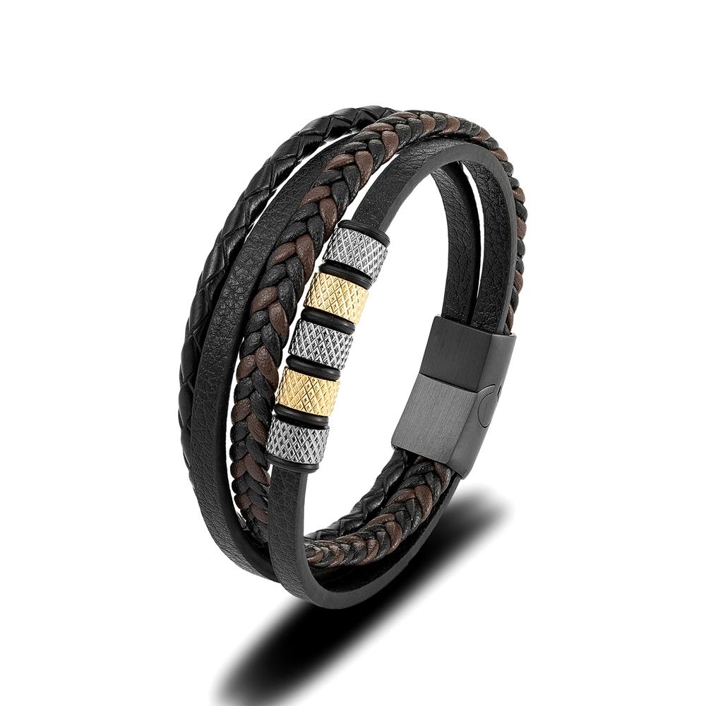 Stainless Steel Beaded Bracelet Punk Men's Classic Multilayer Braided Leather Bracelet Black Buckle Homme Pulseras