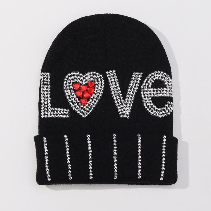 InsStyle Soft Hat Knitted Rhinestone LOVE Letter Beanies Hat Handmade Hat Breathable Pullover Hat Street Photoshoots Cap