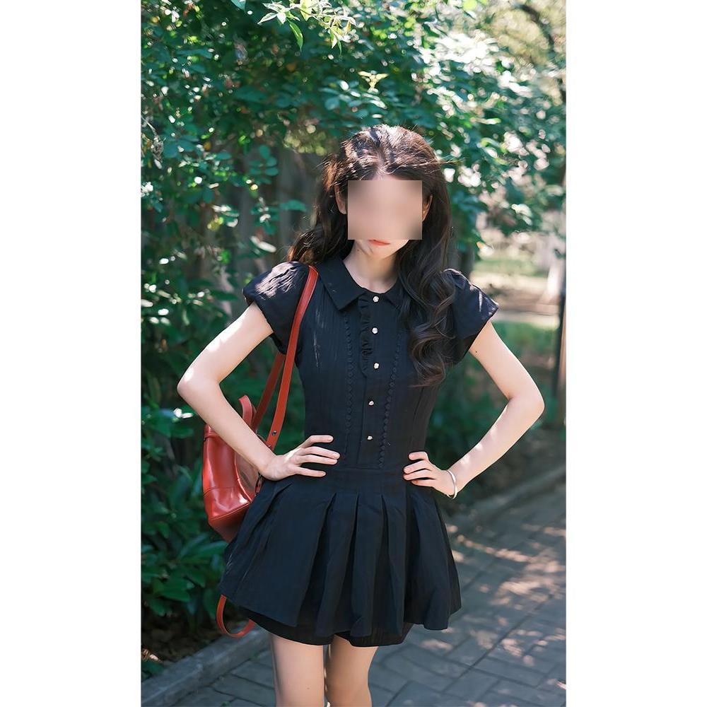Polo collar black Hepburn style short-sleeved shirt dress women's summer college style waist pinch thin pleated A-word short skirt