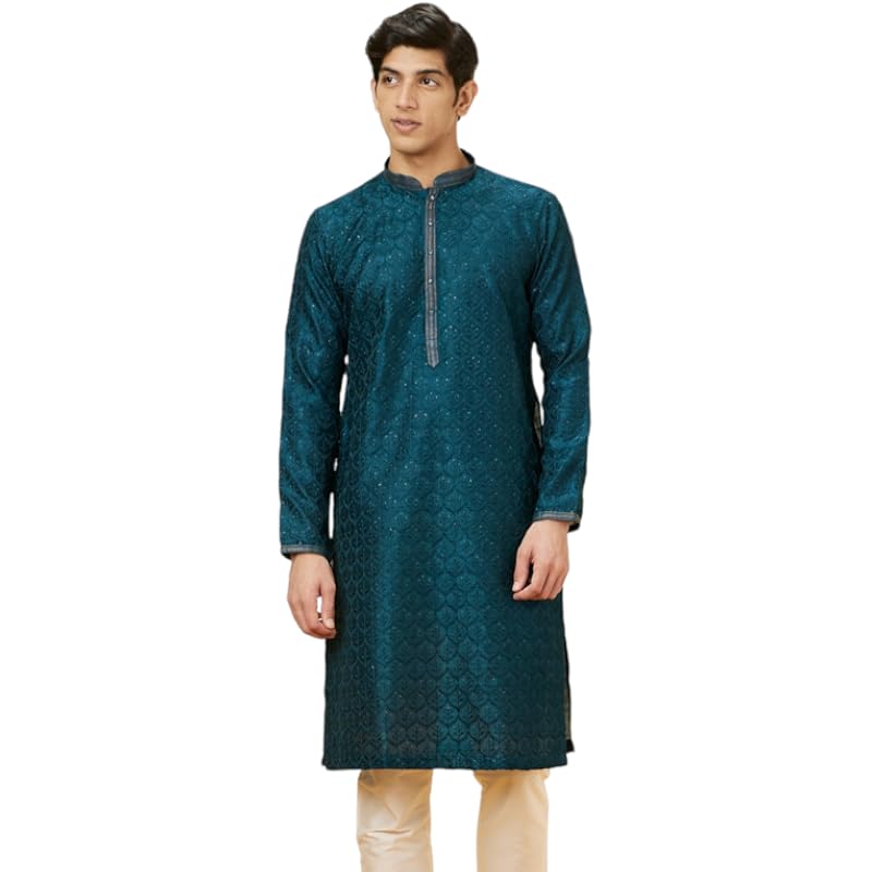 Manyavar Mens Blue Art Silk Self Design Kurta Pyjama Set