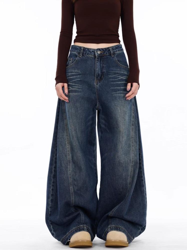 Japanische Mode Vintage Schwarz Patchwork Baggy Damen Jeans Hose Weiter Bein Damen Kleidung Lässig Baumwolle Denim Hose