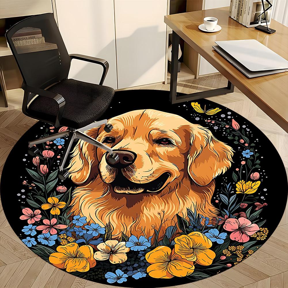 1pc Dog Floral Wreath Chair Carpet for Office, Round Non Slip Durable Large Size Office Carpet, Suitable for Office