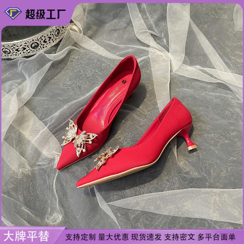 2025 new bridal shoes are not tired of low heels 5cm red wedding shoes butterfly buckle light mouth high heel single shoes autumn women