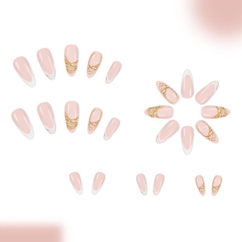 24 Pezzi Unghie Finte Eleganti Design French Tip con Glitter Dorati Scintillanti Arte 3D Unghie Artificiali Durata Costruzione in ABS