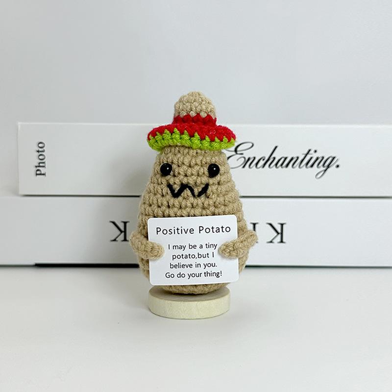 Funny Positive Crochet Cow Doll Desktop Ornament Handmade Cheer Emotional Support Positive Cow with Card Home Party Decoration