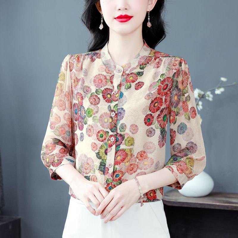 Summer New Stand Collar Women Blouse Fashion Casual Print Chiffon Blouse Shirt Women Tops