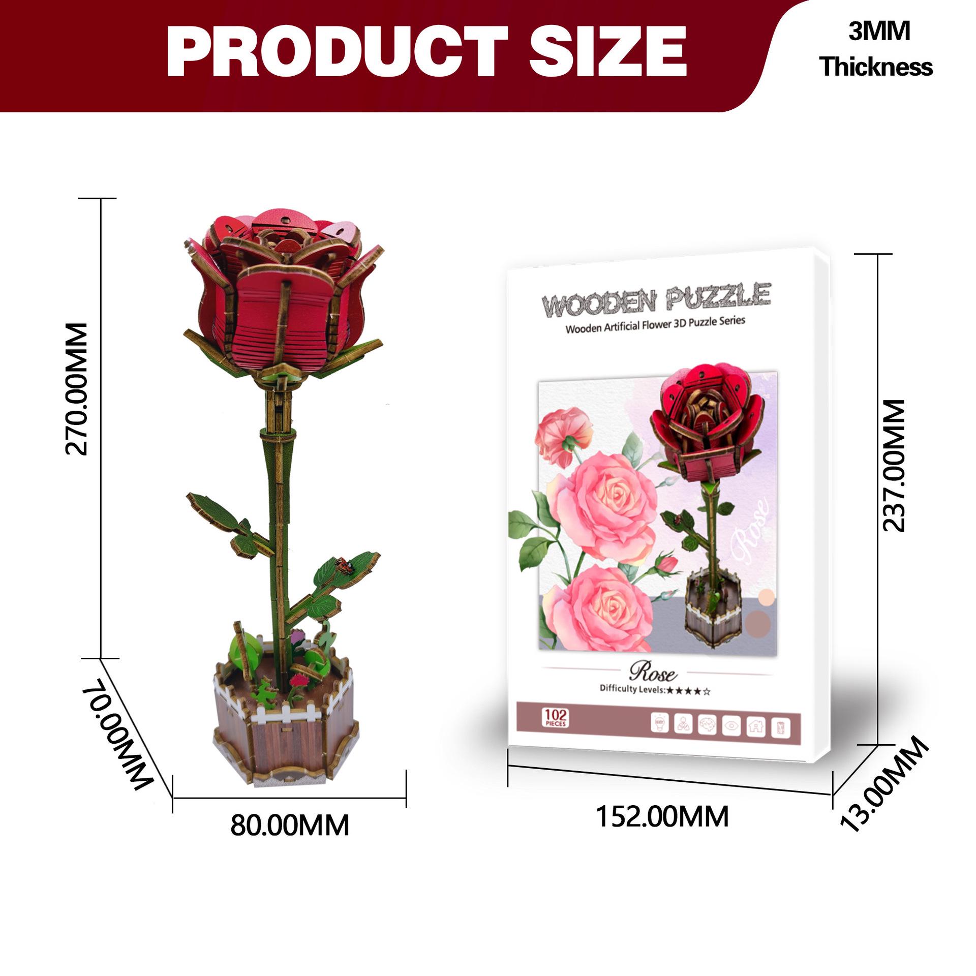 Wacocetoy 3D Wooden Red Rose Puzzle & Coloring Toy Set
