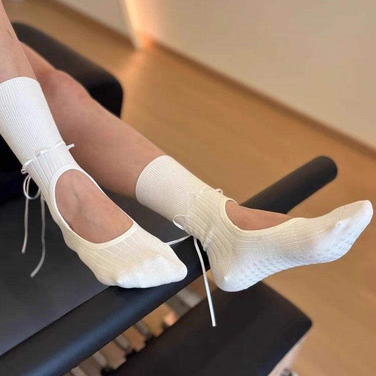 

2026 Women Fitness Yoga Socks Anti-Slip Mid-Calf Sports Women s Socks Korean White Ribbon Breathable Comfortable Long Sockings