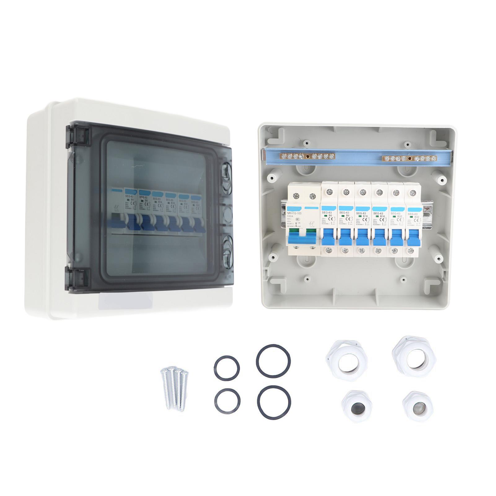 

Водонепроникна розподільна коробка 6 MCB(2xB6A+2xB16A+2xB32A) + Головний вимикач 100A 6-контактний стиль