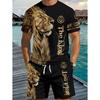 Men's Summer Set Fashion Wolf  Print Short Sleeve + Shorts 2 Piece Set Animal Pattern Casual Quick-Dry Men's Summer Sports Set