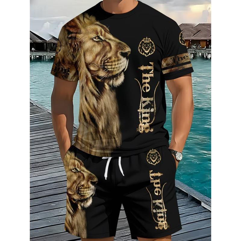 Men's Summer Set Fashion Wolf Print Short Sleeve + Shorts 2 Piece Set Animal Pattern Casual Quick-Dry Men's Summer Sports Set