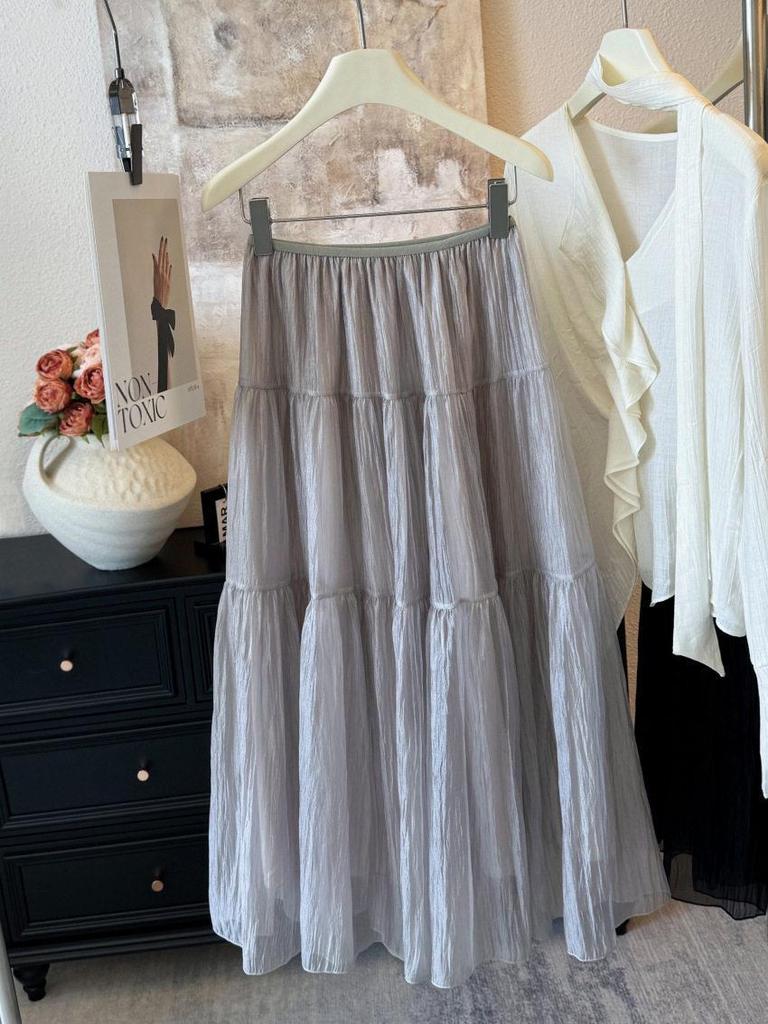 Spring 2026 High-End Draped A-Line Pearlescent Gauze Skirt for Women