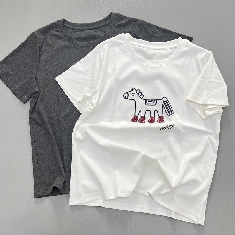 Women's Korean Cotton Cartoon Pony Embroidered Slimming Short Sleeve Summer T-shirt