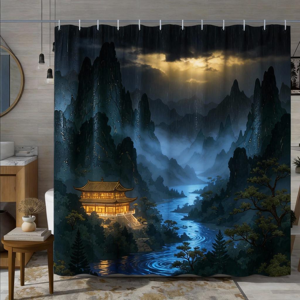 Chinese Landscape Shower Curtain Traditional Pavilion Mountain River Print Polyester Bath Curtain with Hooks for Zen Decor