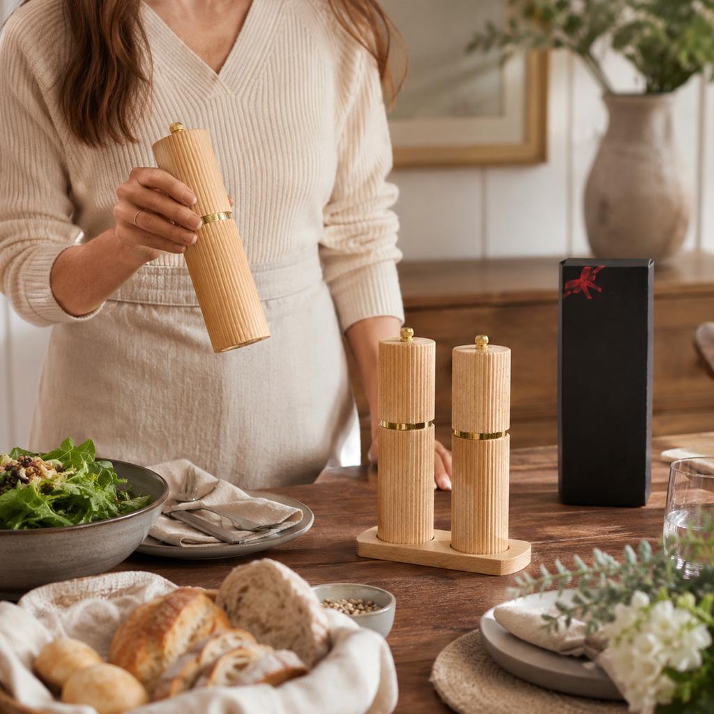 Manual Wooden Pepper Grinder Striped Texture Spice Mill for Sea Salt and Peppercorns with Adjustable Coarseness for Kitchen Restaurant BBQ Use