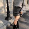 Women's High Waist Gray Wool Blend A-line Skirt - Petite Plus, Autumn/Winter 2026 Collection, Elastic Hip Wrap, Short Length