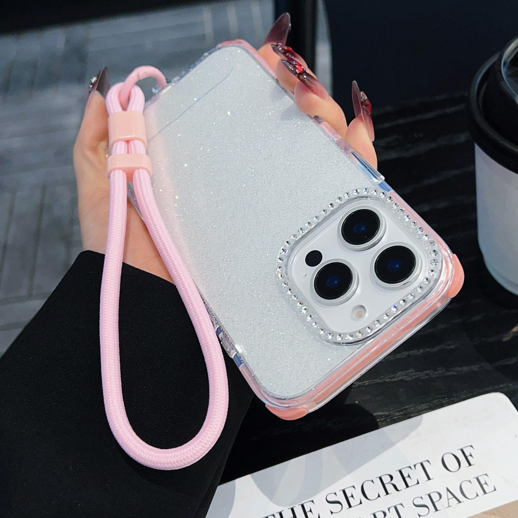 

For iPhone 16 Pro Case Rhinestone Decor Glitter TPU Anti Drop Phone Cover with Adjustable Wrist Strap Black