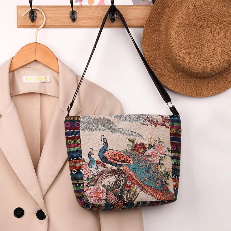 Yogodlns Håndveske i etnisk stil Broderi Elefant Lerret Dame Skuldervesker Dagligvareoppbevaringsveske Stor kapasitet Crossbody-veske