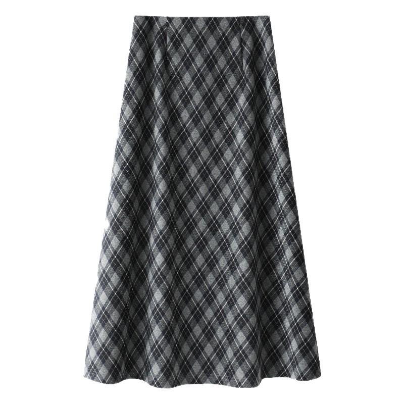 Women's High-Waist Woolen Plaid A-Line Skirt - Autumn 2025 Collection