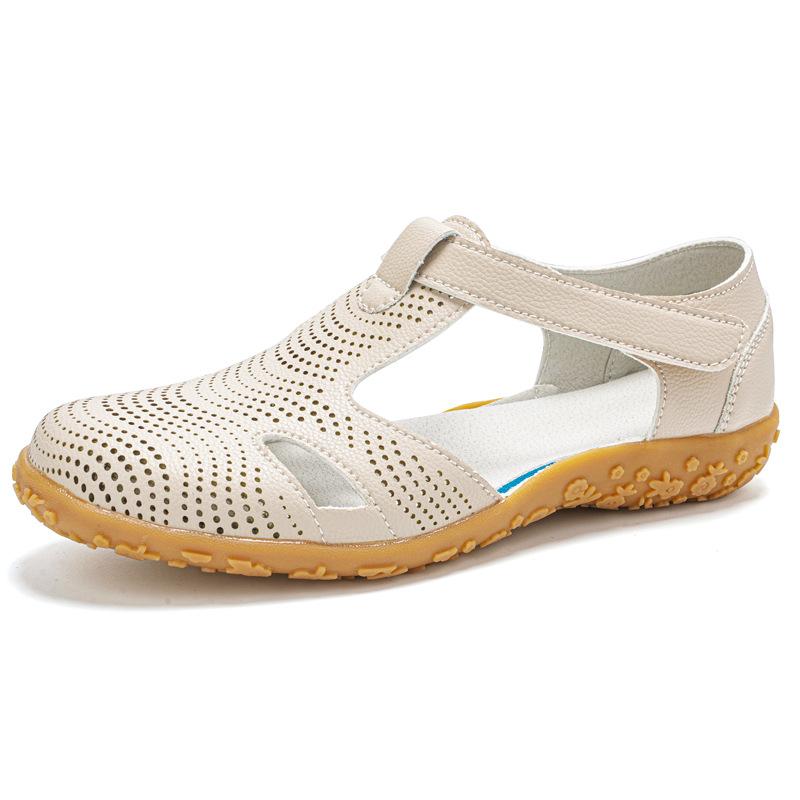36-42 Large Size New Flat Bottom Slope Heel Baotou Sandals Women's Fashion Hollow Leather Soft Sole Soft Surface Mom Shoes