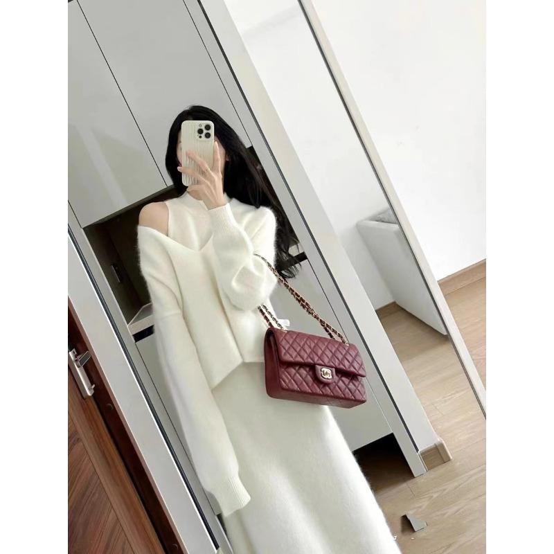 Autumn and winter two-piece suit versatile and thin dress age-reducing knitted cardigan medium and long skirt sweater women