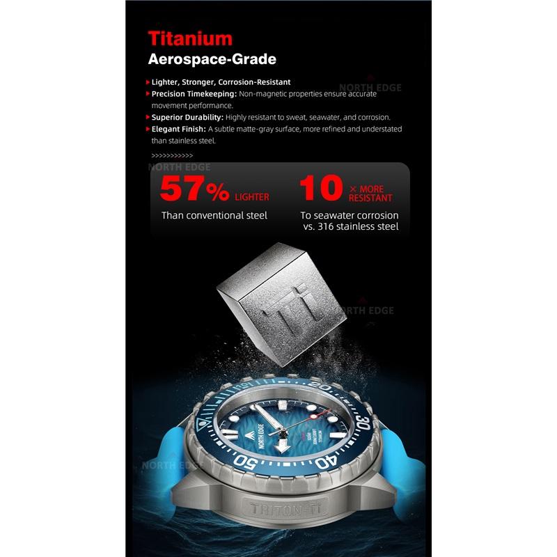 NORTH EDGE TRITON-TI Tytanowa Stal Nierdzewna Zasilany Słońcem Zegarek Nurkowy Luksusowe Zegarki Kwarcowe Dla Mężczyzn Wodoodporność 300M 180 Dni Zasilania