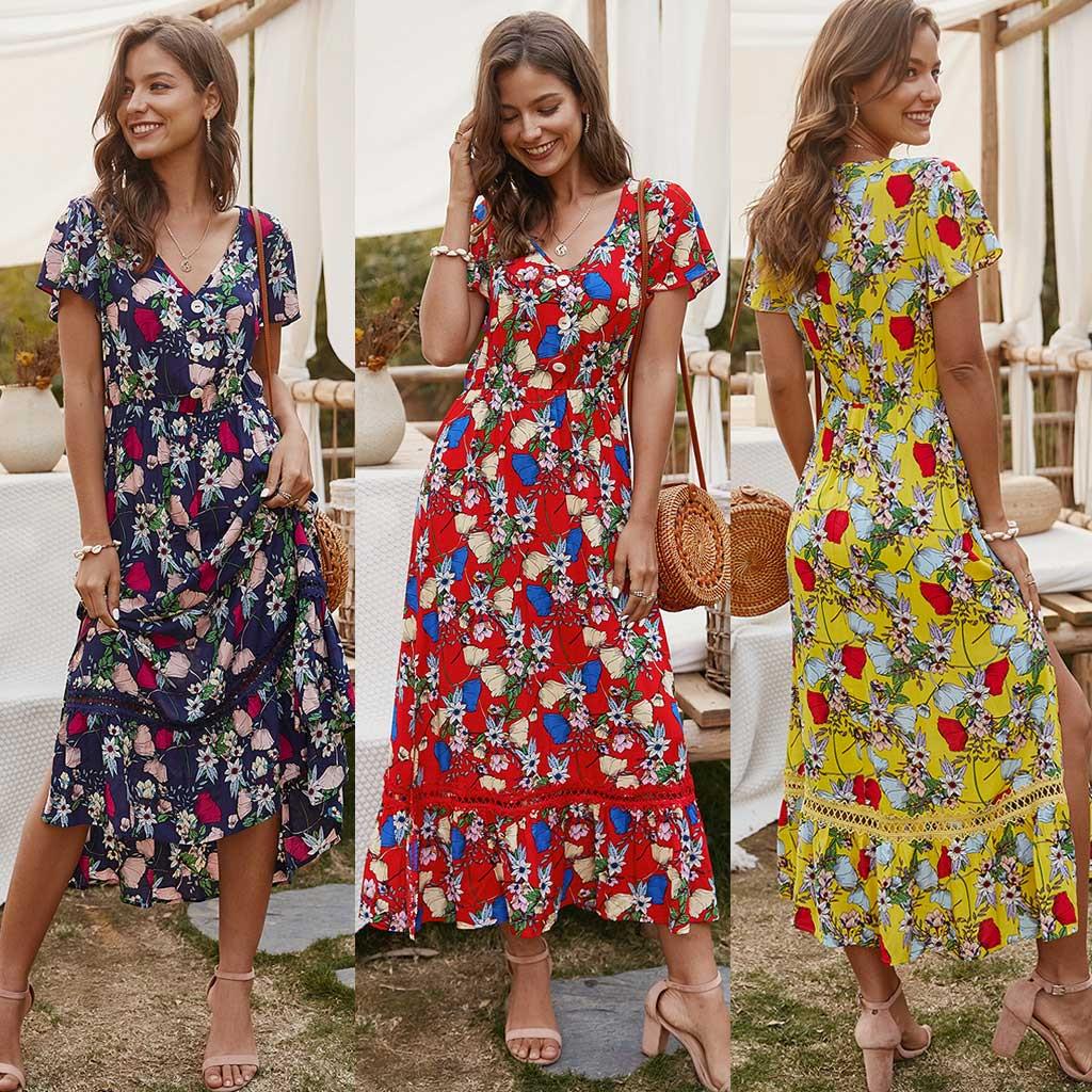 

Женское тонкое платье длиной до колен с v-образным вырезом и коротким рукавом, пляжное богемное платье