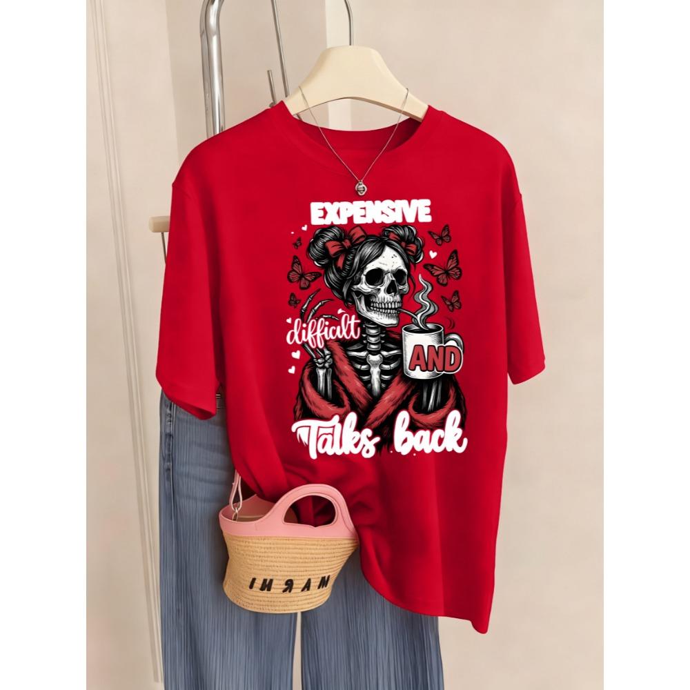 

Expensive Talks Back Coffee Butterfly Skulls Print T Shirt Women Summer O-Neck T-Shirts Y2K Soft Short Sleeve Casual Top S