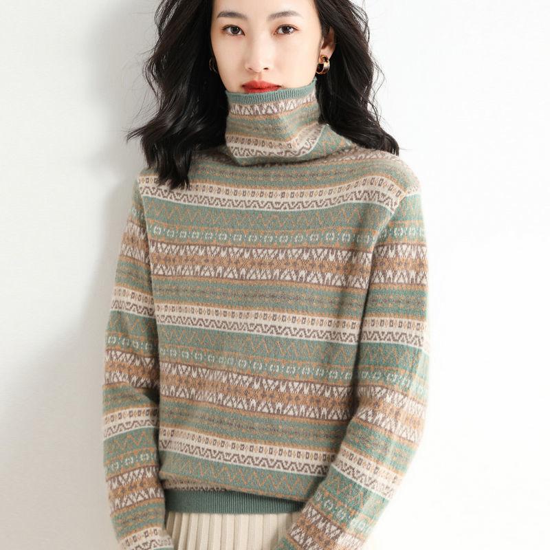 Winter New Turtleneck Long Sleeve Fashion Sweater Women High Street Casual Loose Printing Pullovers Elegant All-match Warm Tops