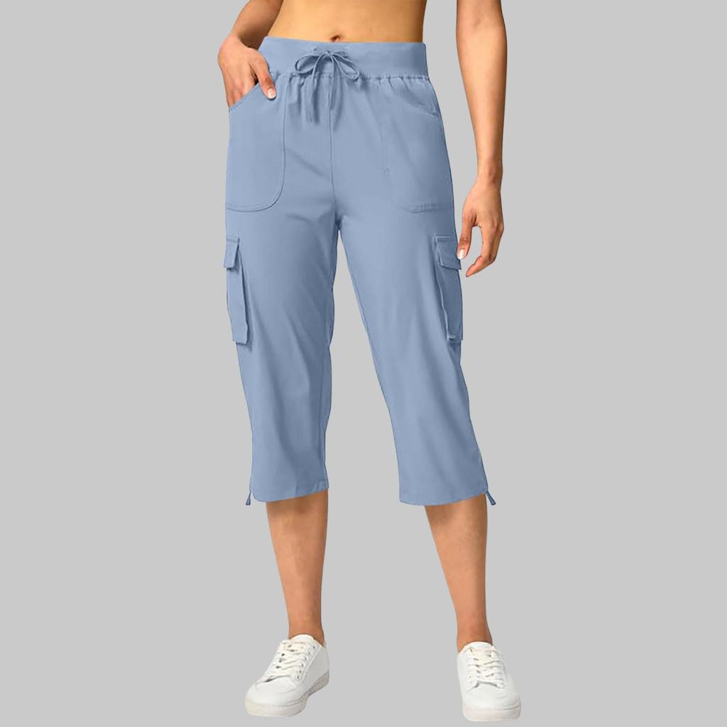 Women’s Drawstring Waist Cargo Capris with Multiple Pockets and Adjustable Hem for Outdoor Activities