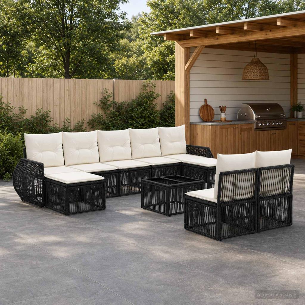 Garden Sofa Set 10 pcs. Black and Cream White Poly Rattan