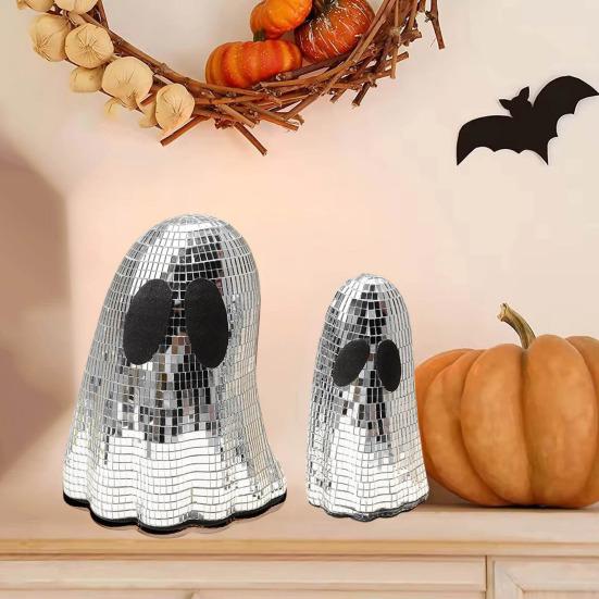 Halloween Disco Ghost Decor Glitter Silver Ghost Disco Mirror Ball Tabletop Decoration for Indoor Tiered Tray Home Decor