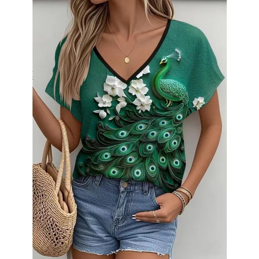 

винтажная женская футболка с цветочным принтом, с коротким рукавом, с V-образным вырезом, топы, удобные футболки 5XL
