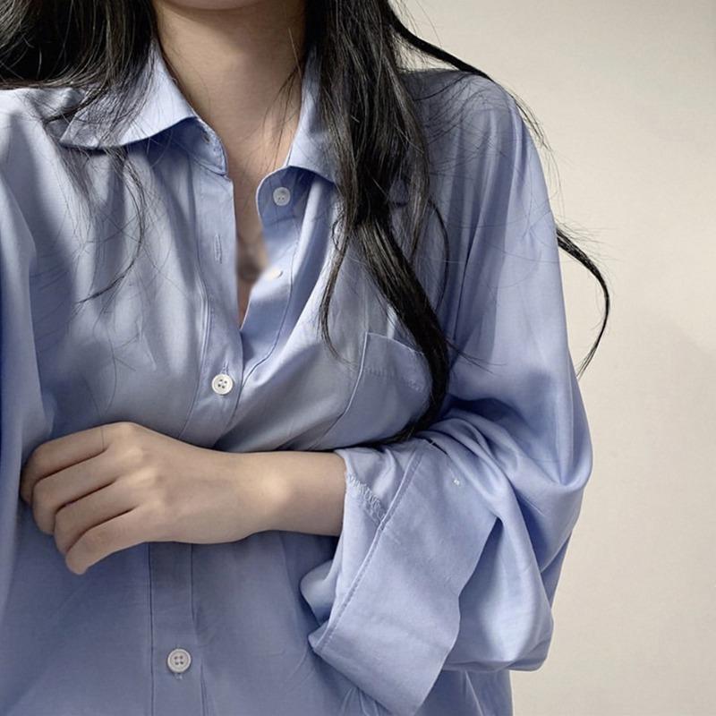 Knopfleiste Langarm Locker Geschnitten Leichte Hemden für Damen Vintage Einfarbig Reverskragen Arbeit Büro Bluse Top