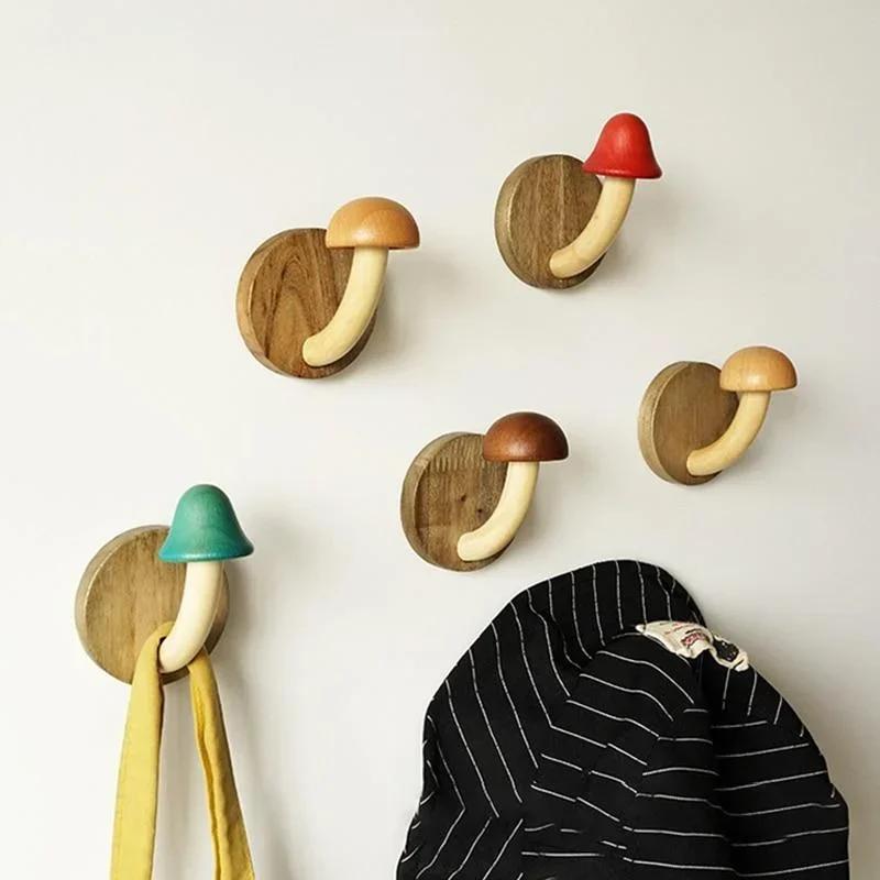 Creative Wooden Mushroom Clothes and Caps Hook Bathroom Clothes Hanger Self Adhesive Wall Hanger Organize Storage Hook