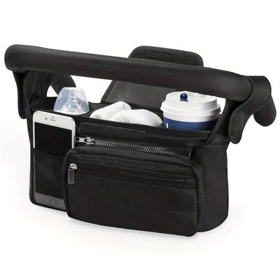 Universal Baby Stroller Bag Insulated Cup Holder, Detachable Phone Pouch, Shoulder Strap | Durable Polyester