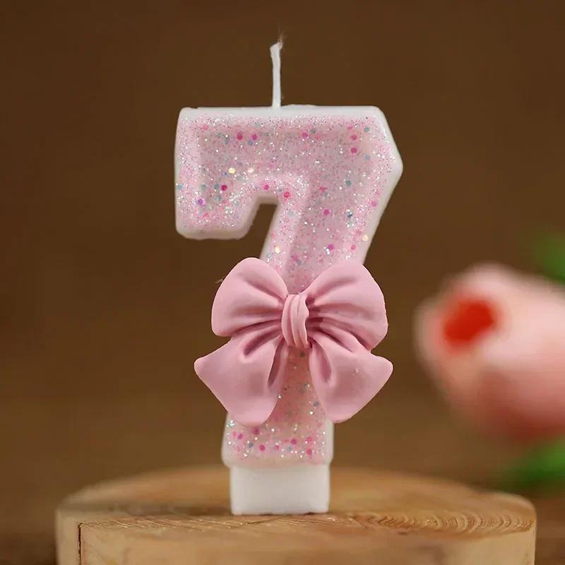 Cute Pink Bow Tie Number Cake Candles for Birthday Party Decorations Birthday Sequin Pink Decoration Cake Decorating