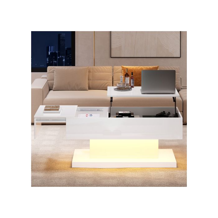 Table Basse LED - MUVOE - 100x50x45 Cm - Levage Hydraulique - Rangement Intégré - Finition Brillante