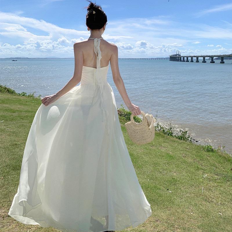 

French High-end Good-looking Fairy Temperament Chiffon Neck Dress Fairy Summer Seaside Vacation Long Skirt S белый