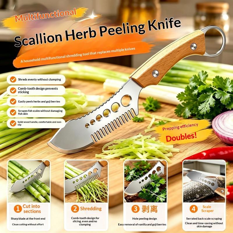Cortador de Verduras 3 en 1 de Acero Inoxidable Mango Ergonómico Rebanador de Cebolleta Picadora de Hierbas para Picnic Cocina al Aire Libre