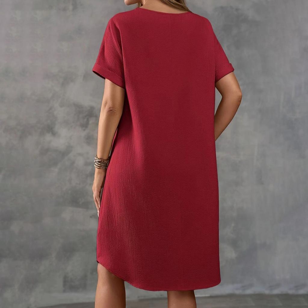 Women's Summer Casual Solid Color Round Neck Short Sleeve Mid-length Loose Dress
