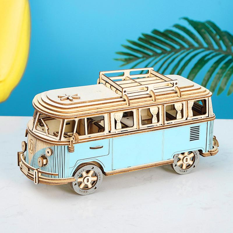 Retro Autobus Kamper w Stylu Europejskim Drewniana Układanka Samochodzik 3D Model DIY Rozwijanie Zdolności Manualnych Układanki Dla Dzieci