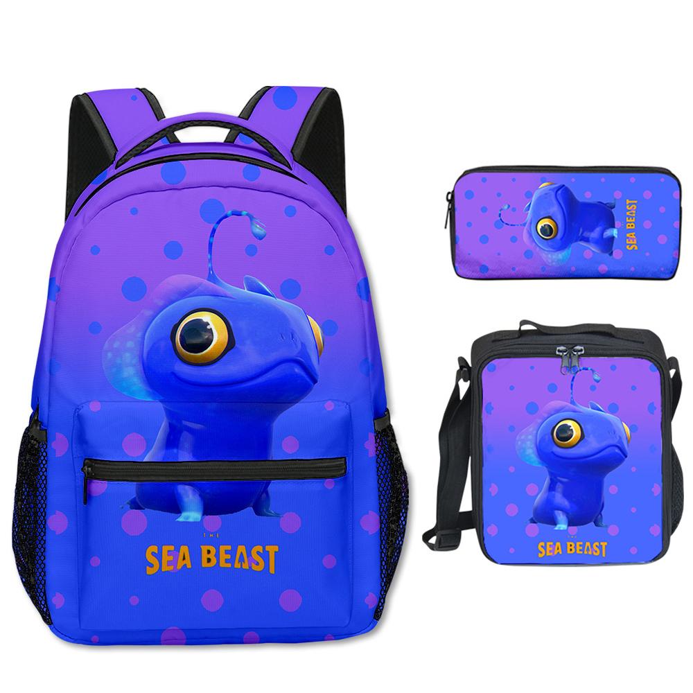 Klassiek Populair het zeemonster 3D Geprint 3 stuks/Set student Schooltassen Reis Notitieboek Rugzak Crossbody Lunchtas Etui