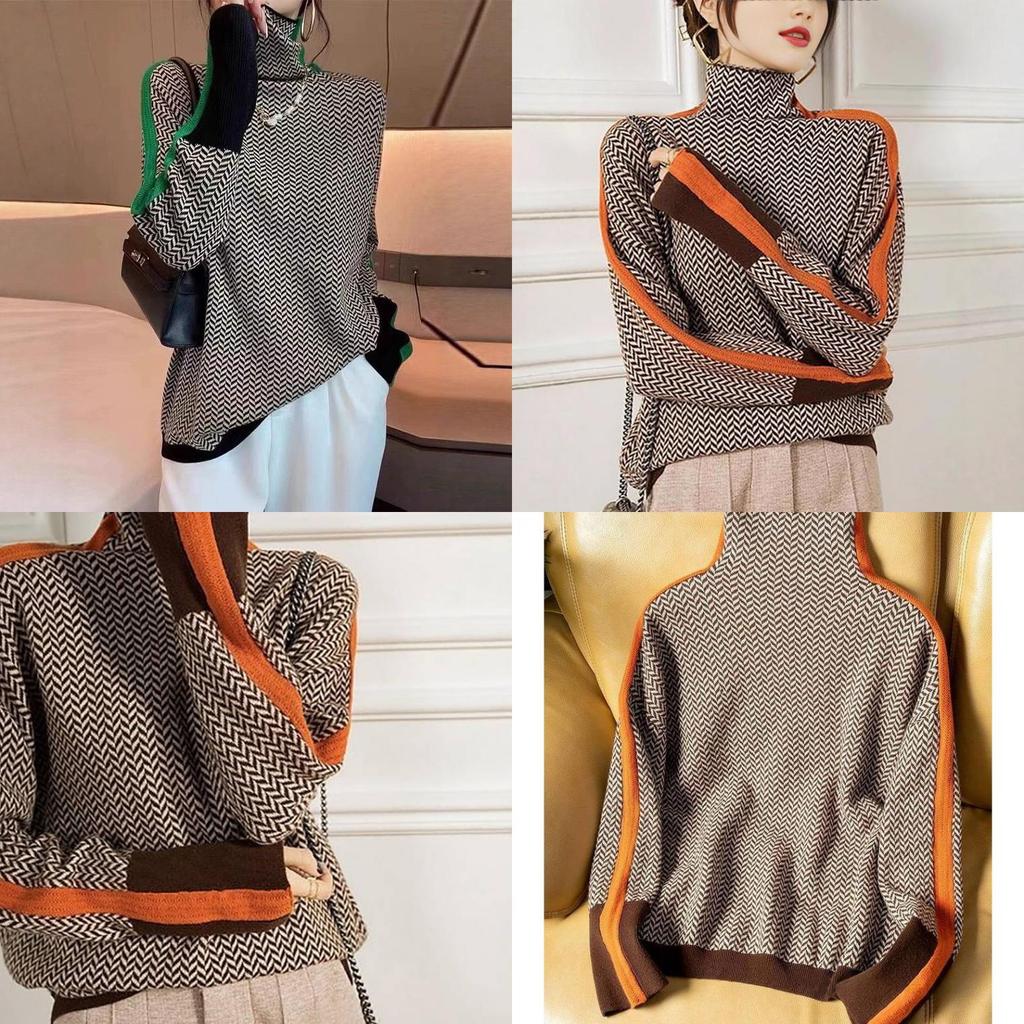 Geometrischer Strickpullover mit Farbblock-Kanten für Damen Herbst