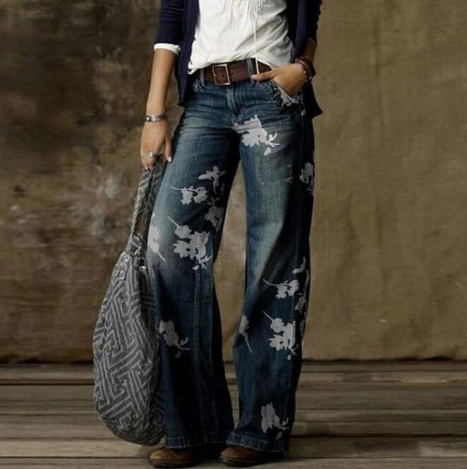 Europäische und amerikanische Übergröße Damen Casual Weitbein Imitationsjeans