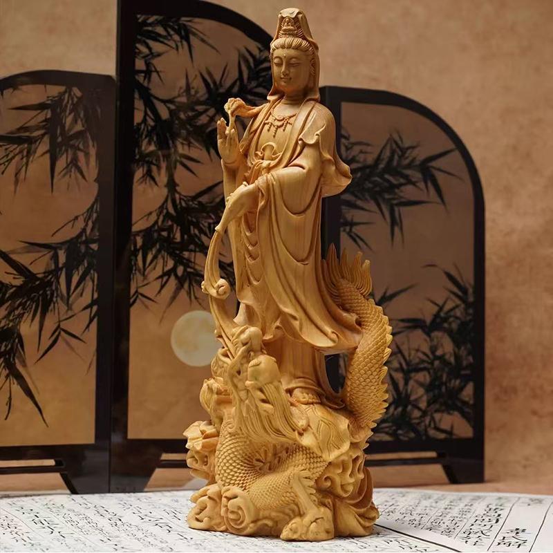 Statua Buddy Guanyin z naturalnego drewna z motywem smoka, Tradycyjne ręcznie rzeźbione chińskie postacie buddyjskie, Statua Feng Shui do domu i salonu