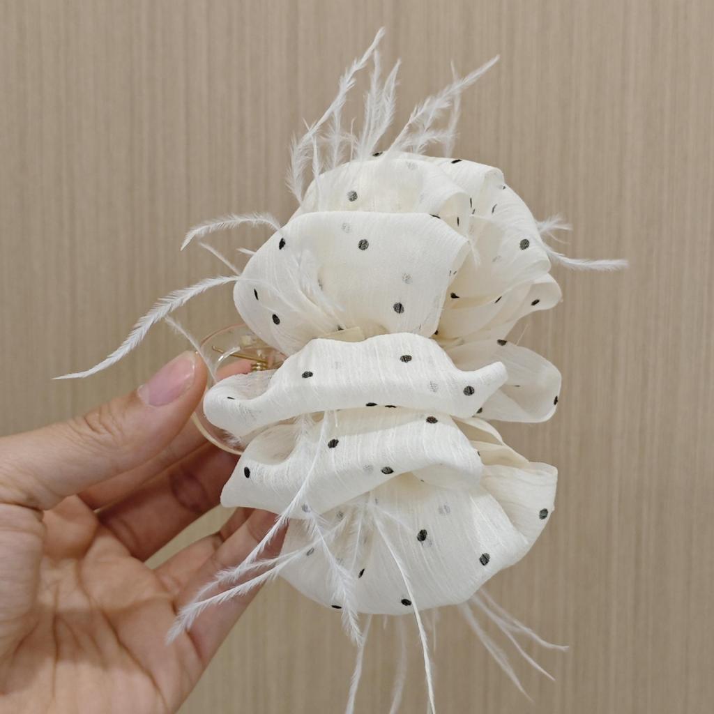 Korean Polka Dot Feather Hair Claw for Women - High-End Mesh Flower Hairpin Accessory