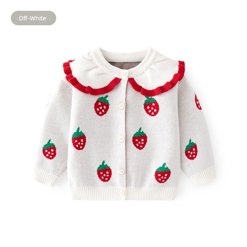 Spring and Autumn Strawberry Girl Round Neck Lace Kids Pure Cotton Cardigan Coat Sweater Baby Girl Single Breasted Knitwear