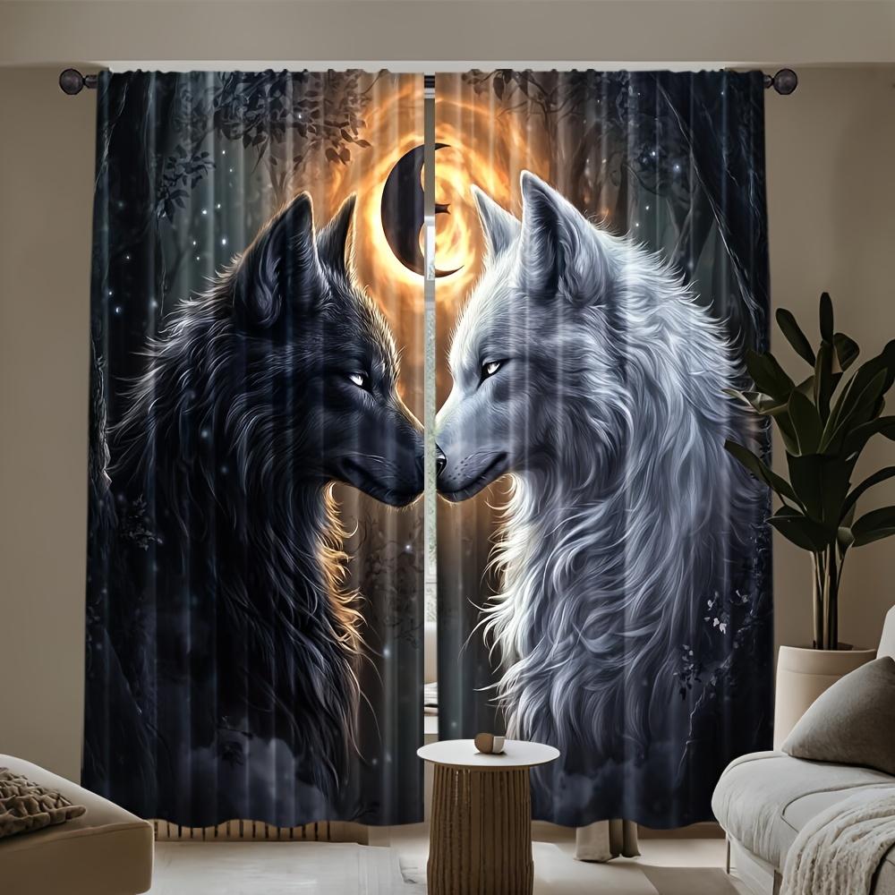 2pcs Thermal Insulating Blackout Curtains - Wolf Design Window Drapes with Dark Background, Light Blocking & Energy Efficient Wi